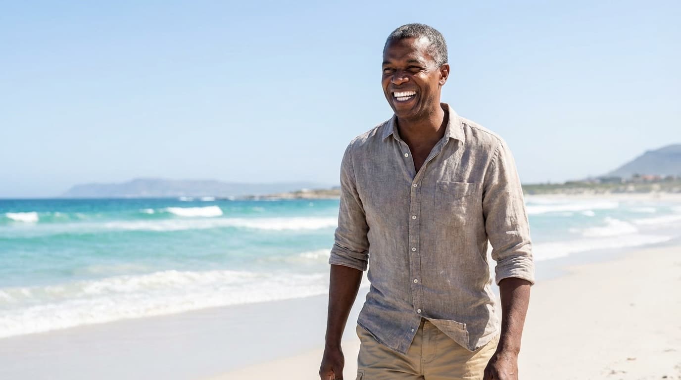 Man in his 40s smiling confidently at the beach after All-on-4 full-arch dental implant restoration
